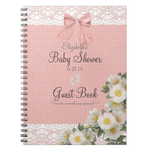 Lace Image Roses Peach Bow Baby Shower Guest Book- Notebook