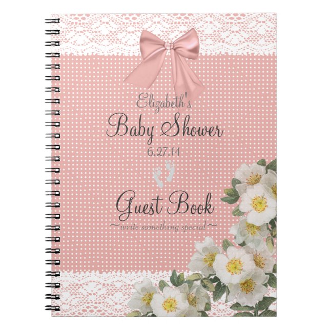 Lace Image Roses Peach Bow Baby Shower Guest Book- Notebook (Front)