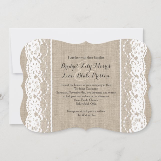 Lace in White on Burlap Wedding Invitation 2 (Front)