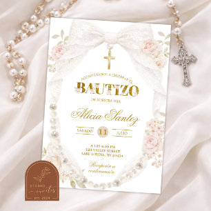 Lace Ivory Bow Pearl Bautizo Invitation