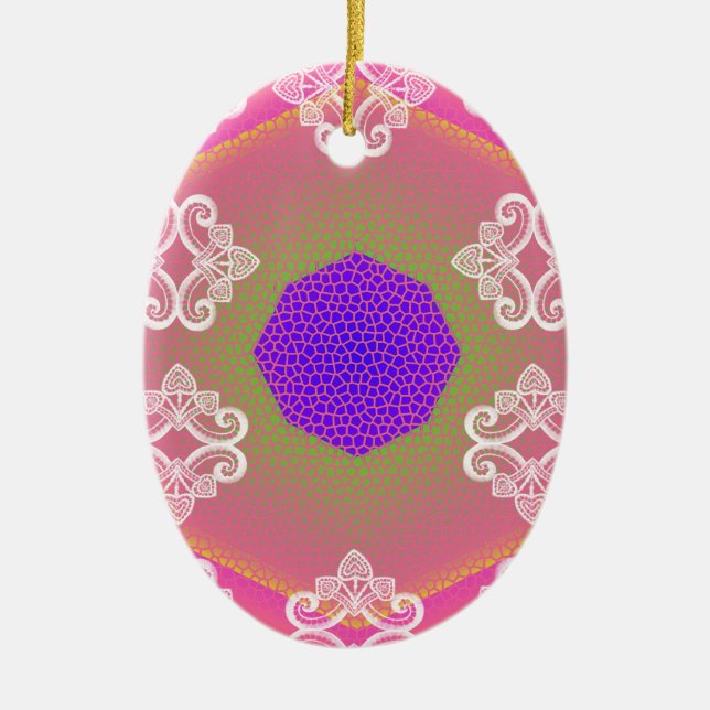 Lace Kaleidoscope Pink Ceramic Tree Decoration (Front)