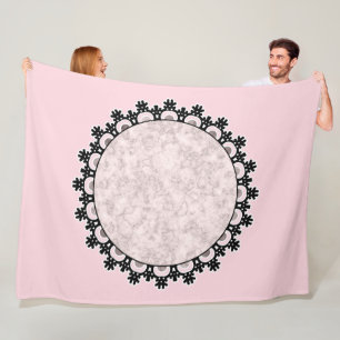 Lace lacy romantic frame round black pink marble fleece blanket