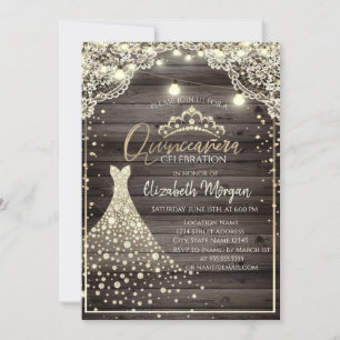Lace,Lights,Diamonds Tiara Dress Wood Quinceañera  Invitation