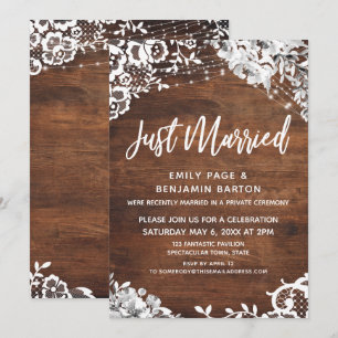 Lace, Lights & Floral on Wood Just Married Event Invitation