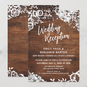 Lace, Lights & Floral on Wood Wedding Reception Invitation