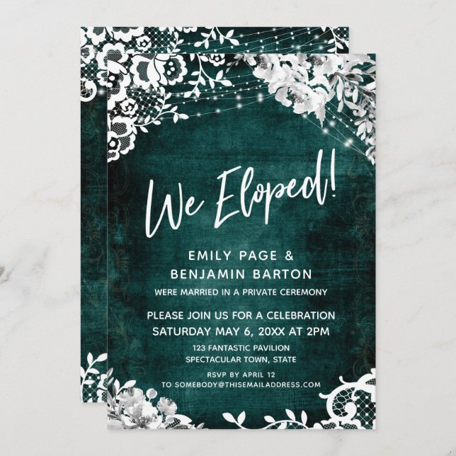 Lace, Lights & Floral over Grunge Teal We Eloped! Invitation (Front/Back)