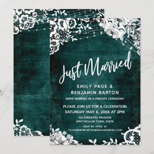 Lace, Lights & Floral over Teal Just Married Invitation