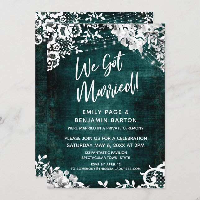 Lace, Lights & Floral over Teal We Got Married! Invitation (Front/Back)