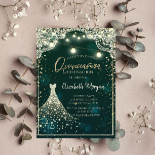 Lace,Lights,Wood Diamonds Dress Green Quinceañera Invitation