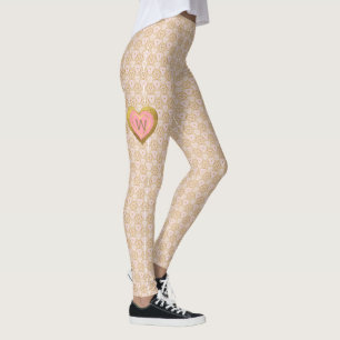 Lace-look Pattern with Pink & Gold Heart Monogram Leggings