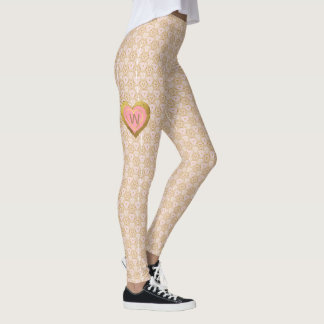 Lace-look Pattern with Pink & Gold Heart Monogram Leggings