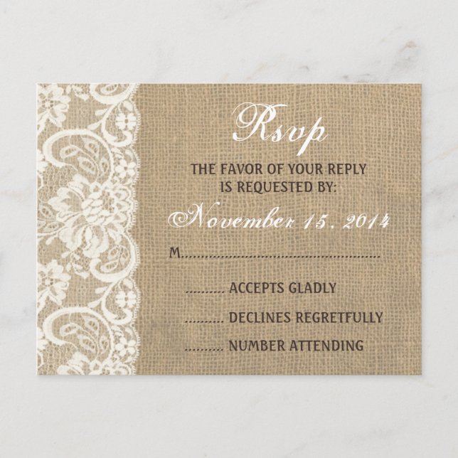 Lace Look Rustic WARM Burlap Wedding RSVP PostCard (Front)
