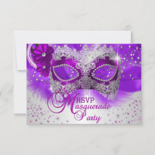Lace Mask Purple Silver Masquerade RSVP Card