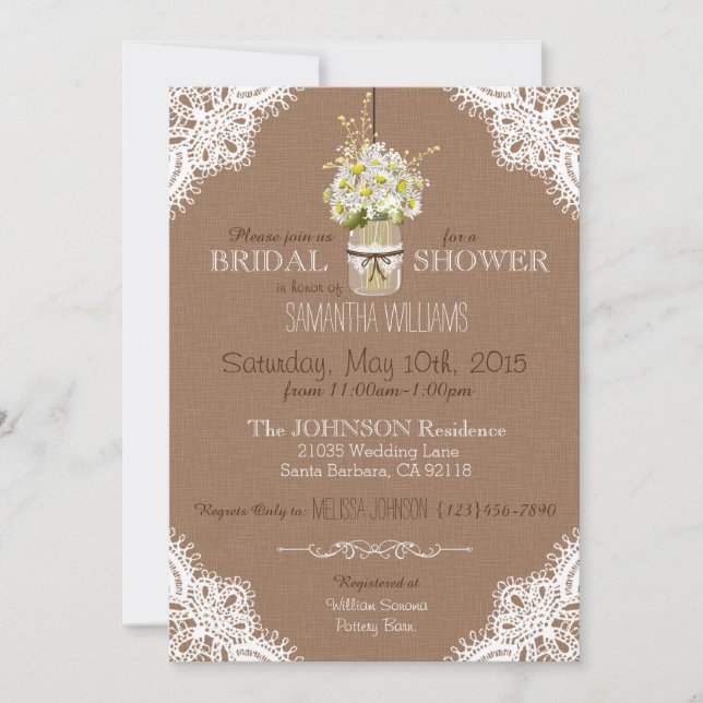 Lace Mason Jar Daisies Rustic Bridal Shower Invitation (Front)