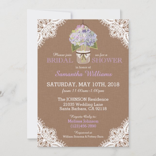 Lace Mason Jar Hydrangea Rustic Bridal Shower Invitation (Front)