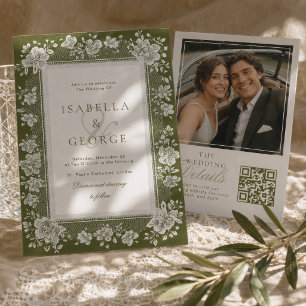 Lace Olive Green Lace Old Money QR Photo Wedding Invitation