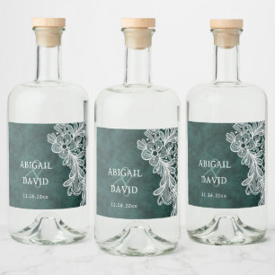 Lace on Emerald Green Faux Velvet Wedding Liquor Bottle Label