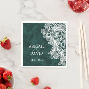 Lace on Emerald Green Faux Velvet Wedding Napkin