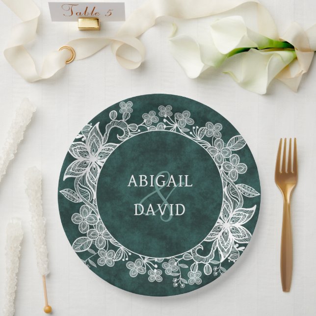 Lace on Emerald Green Faux Velvet Wedding Paper Plate (Wedding)