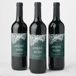 Lace on Emerald Green Faux Velvet Wedding Wine Label