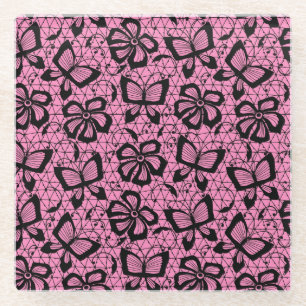 lace pattern with butterflies glass coaster