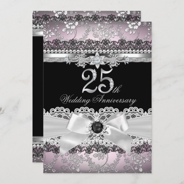Lace & Pearl Bow Silver Pink 25th Anniversary Invitation (Front/Back)