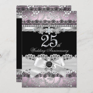 Lace & Pearl Bow Silver Pink 25th Anniversary Invitation