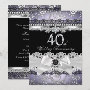 Lace Pearl Bow Silver Purple 40th Anniversary Invitation