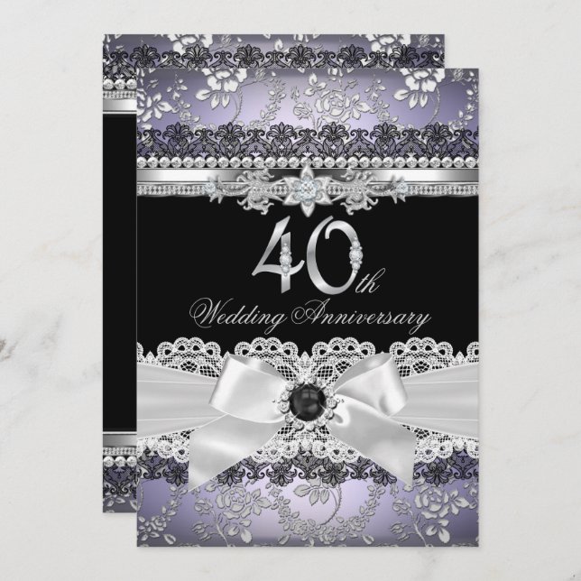 Lace Pearl Bow Silver Purple 40th Anniversary Invitation (Front/Back)