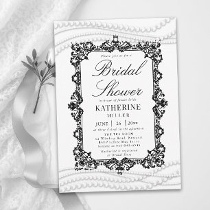 Lace Pearls Black White Classic Chic Bridal Shower Invitation