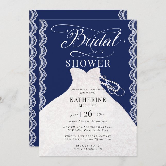 Lace Pearls Bridal Dress Navy Blue Bridal Shower Invitation (Front/Back)