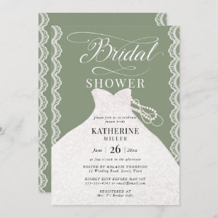 Lace Pearls Bridal Dress Sage Green Bridal Shower Invitation