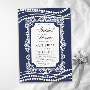Lace Pearls Classic Navy Blue White Bridal Shower Invitation