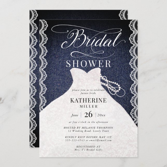 Lace Pearls Denim Bridal Dress Chic Bridal Shower Invitation (Front/Back)