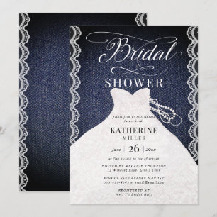 Lace Pearls Denim Bridal Dress Chic Bridal Shower Invitation