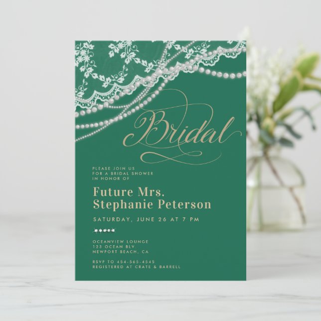 Lace Pearls Diamonds Emerald Gold Bridal Shower Invitation (Standing Front)