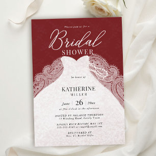 Lace Pearls Dress Burgundy Elegant Bridal Shower Invitation