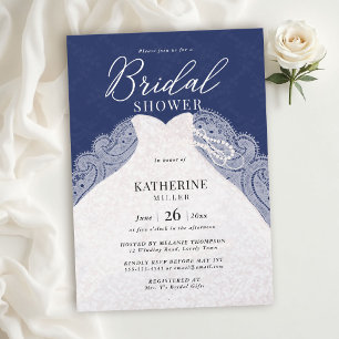 Lace Pearls Dress Navy Blue Elegant Bridal Shower Invitation