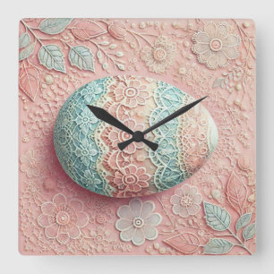 Lace pink blue pastel floral Easter egg drawing Square Wall Clock