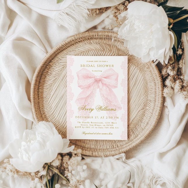 Lace Pink Bow Bridal Shower Elegant Invitation (Creator Uploaded)