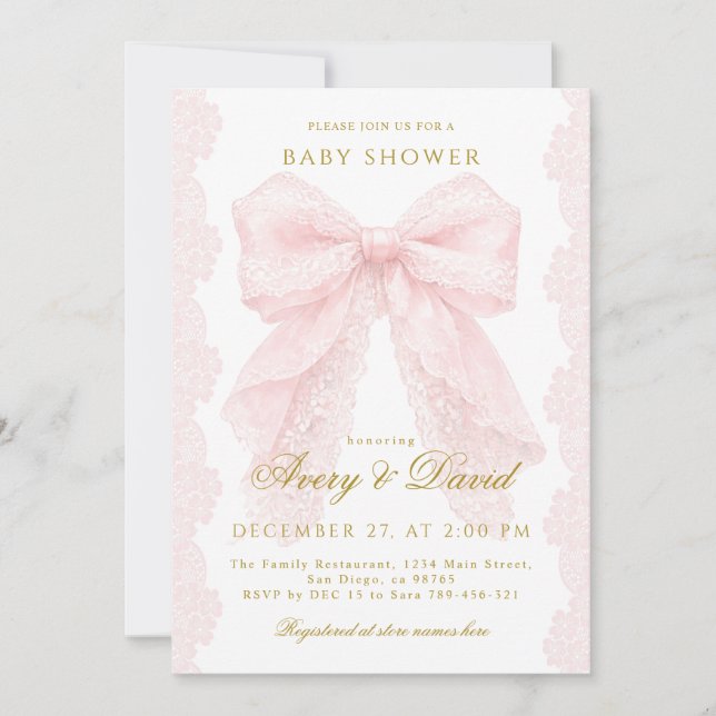 Lace Pink Bow Girl Baby Shower  Invitation (Front)