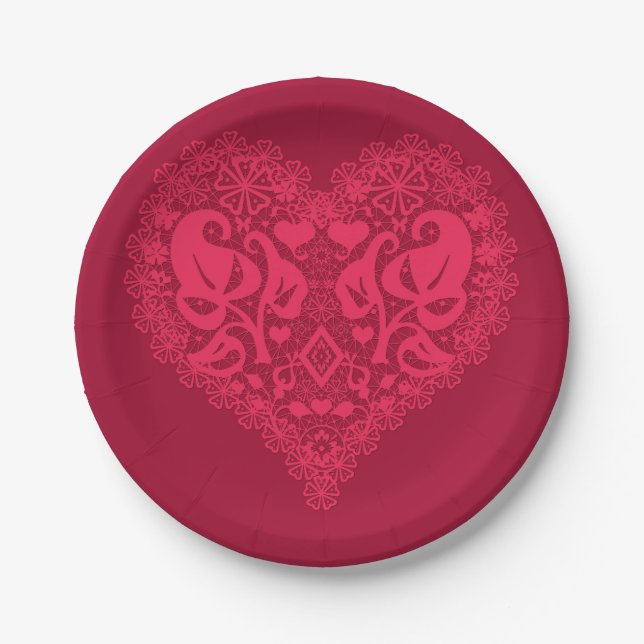 Lace red heart leaves floral lacy Valentines Day Paper Plate (Front)