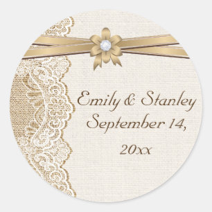 Lace, ribbon flower & burlap wedding Save the Date Classic Round Sticker