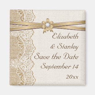 Lace, ribbon flower & burlap wedding Save the Date Magnet