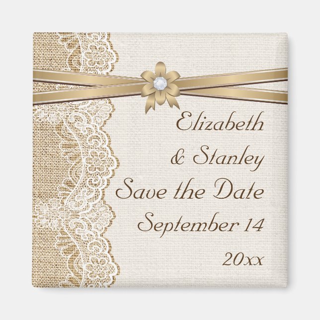 Lace, ribbon flower & burlap wedding Save the Date Magnet (Front)