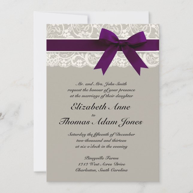 Lace Ribbon Grey and Plum Wedding Invitation (Front)