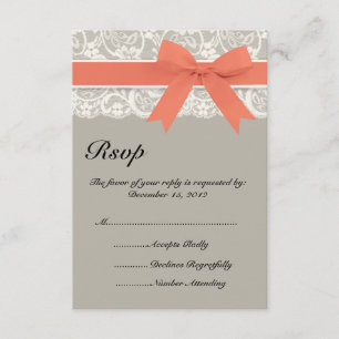 Lace Ribbon Grey Coral Wedding RSVP Card