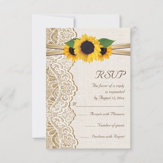 Lace, ribbon & sunflowers on burlap wedding RSVP (Front)