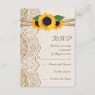Lace, ribbon & sunflowers on burlap wedding RSVP Card