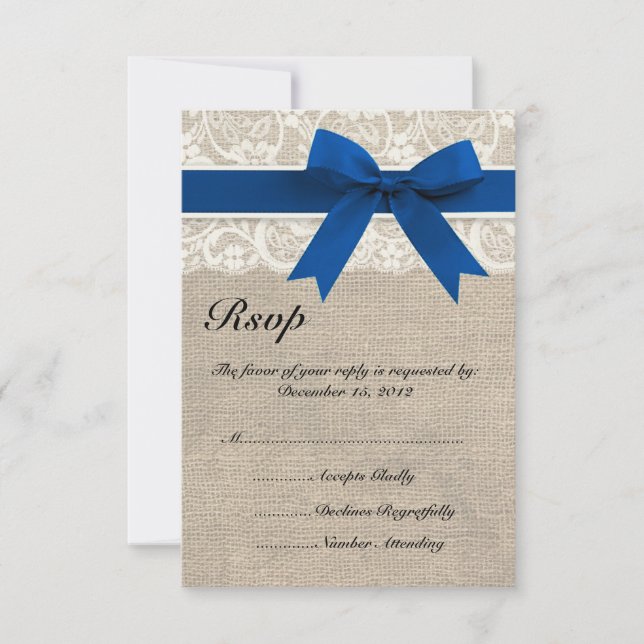 Lace & Royal Blue Ribbon and Burlap RSVP Card (Front)